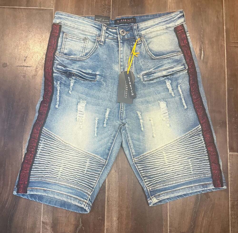 M Society Distressed Ice Blue Side Stripe Biker Moto Skinny Fit Denim Shorts